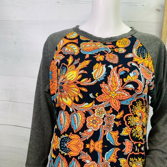 Lularoe Womens RANDY Colorful Floral Orange Blue 3/4 Gray Sleeve Top Sz XS - Picture 3 of 8